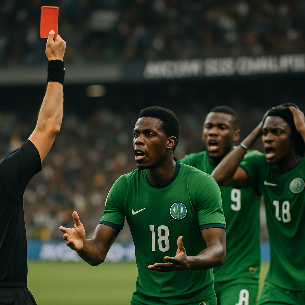A referee showing a red card to Nigerian football players during an intense match.
