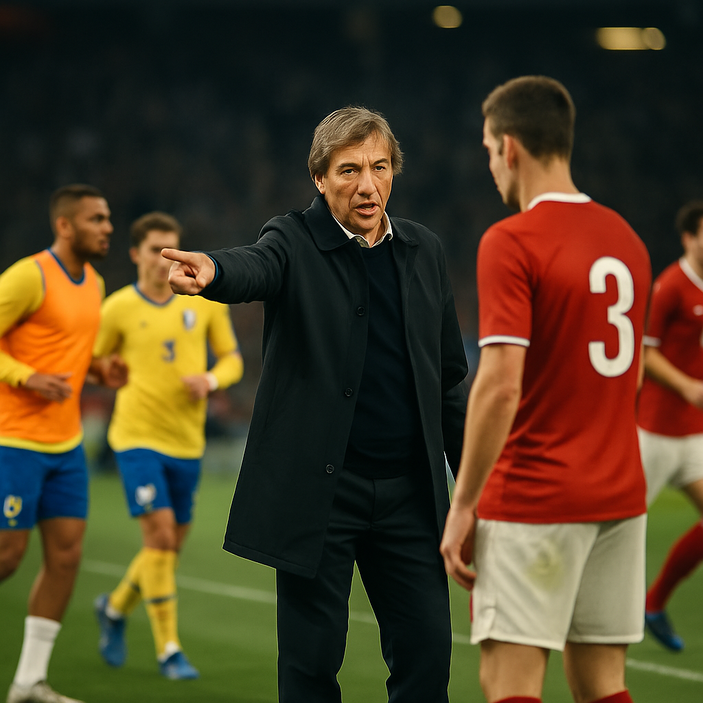 A national-team coach signals a tactical change as players test new roles during an