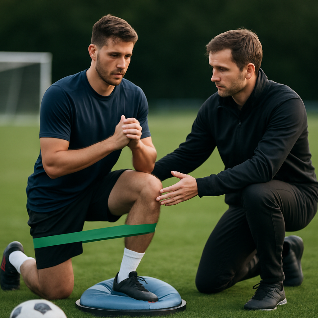 A physiotherapist supervises a footballer doing a rehabilitation exercise on the pitch.