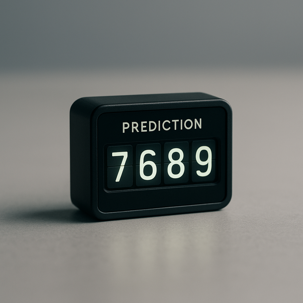 A minimalist photo of a digital mini-model displaying 4 digits, symbolizing predictive analysis, on