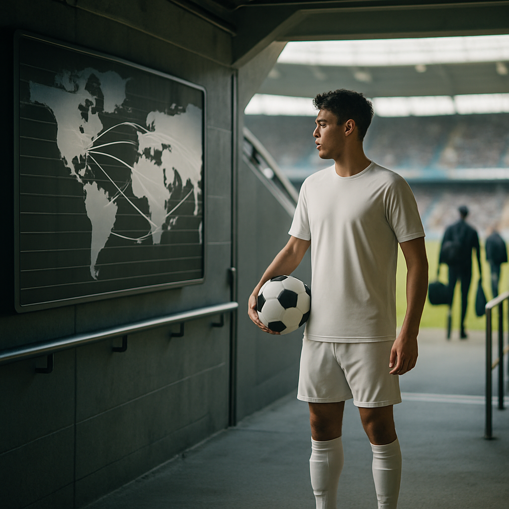 A young MLS footballer stands in a stadium tunnel as abstract route lines connect