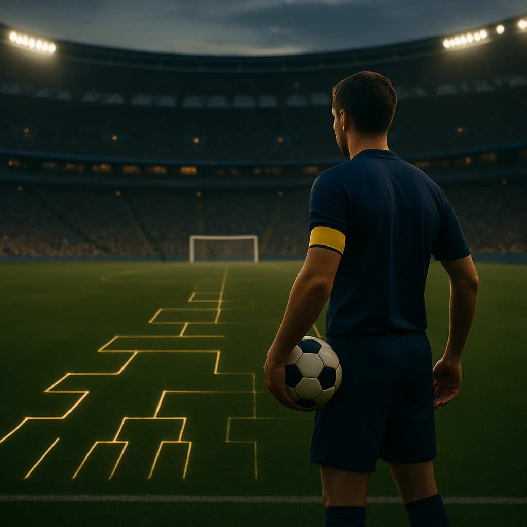 A captain stands on a dusk-lit football pitch as glowing ranking paths lead toward