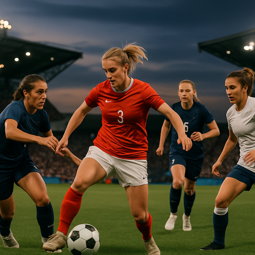 Women footballers compete on a professional pitch in a packed, floodlit stadium.