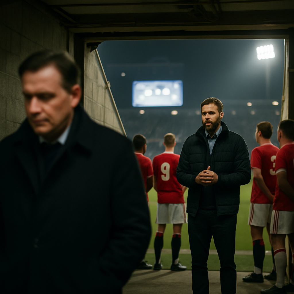 A new football coach speaks with players in a stadium tunnel as the departing