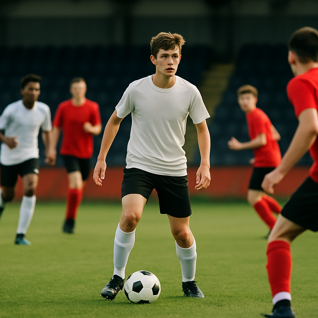 An under-18 footballer scans the pitch during a match, with teammates and opponents moving
