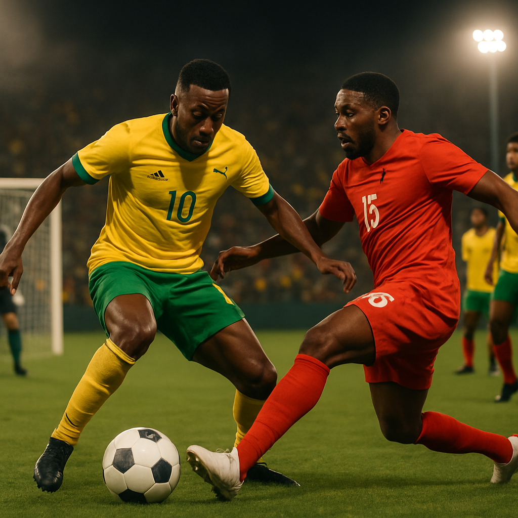 Opponents battle for possession under the lights, capturing the tactical tension between Africa Cup