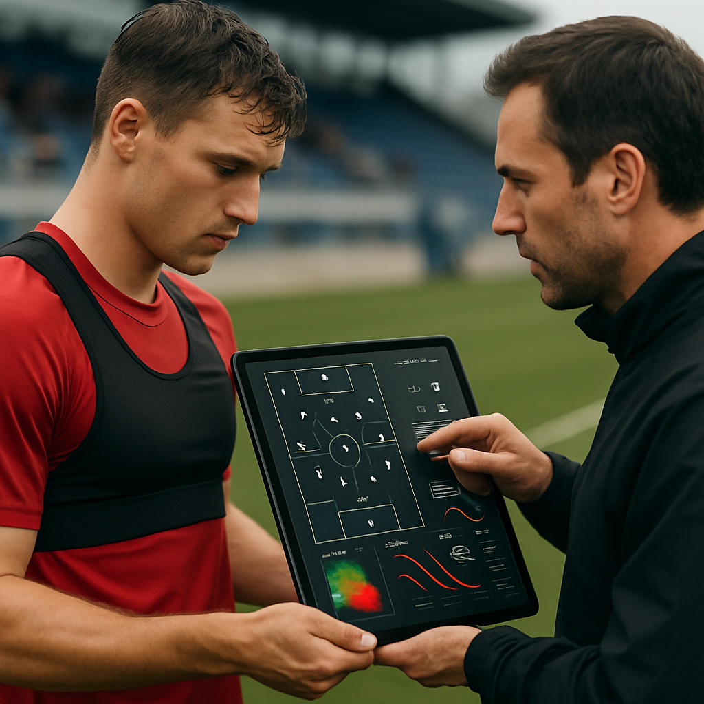 A football player and coach use a tablet with training data and tactical visuals