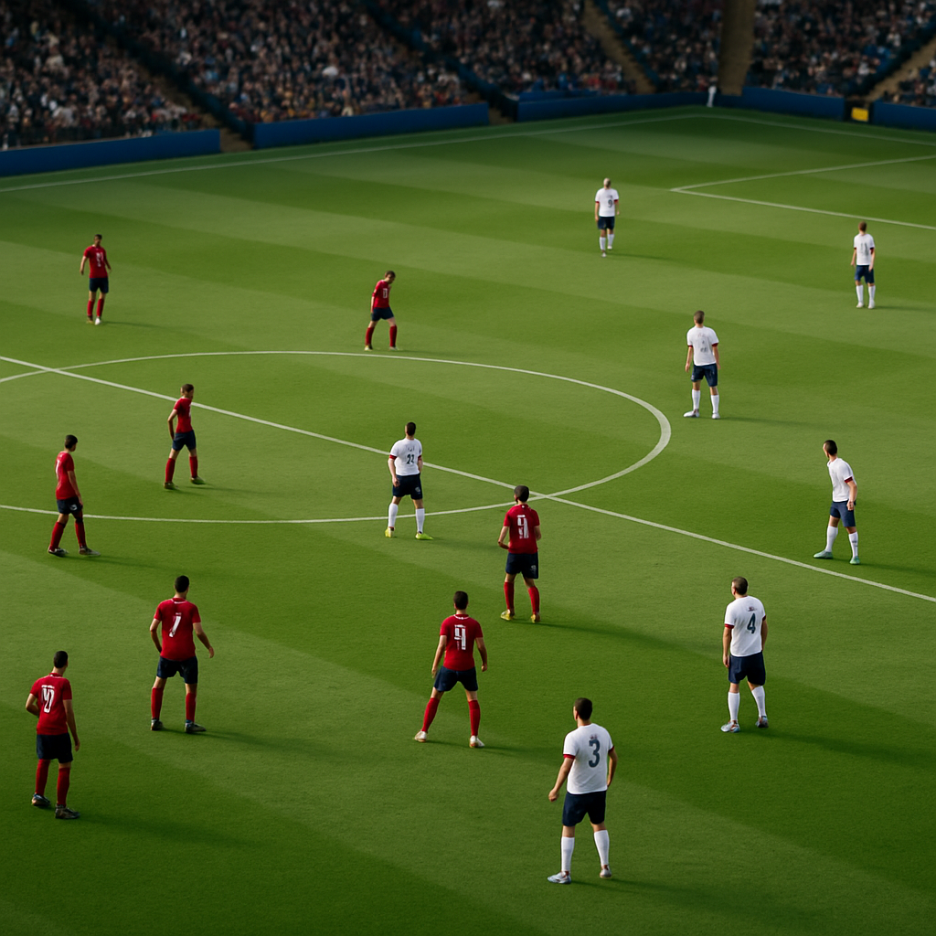 A football match viewed from above, showing teams using three- and four-defender formations, with