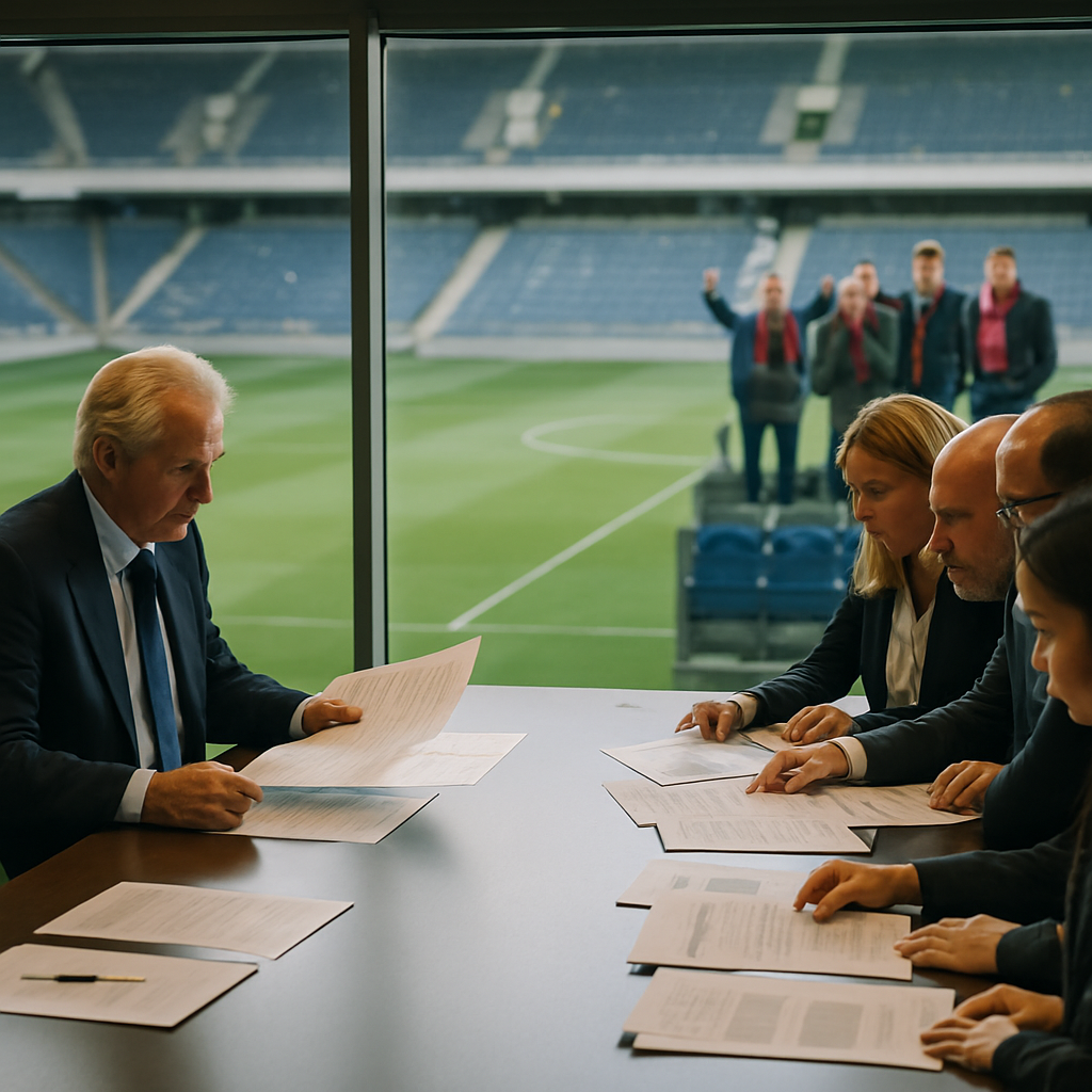 A benefactor investor and a consortium discuss a football club’s future in a boardroom