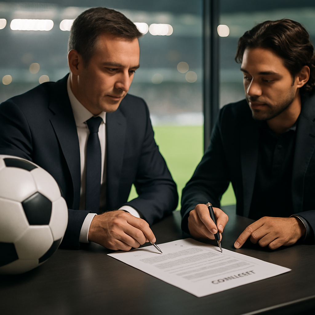 A club executive and player representative review a football contract beside a soccer ball
