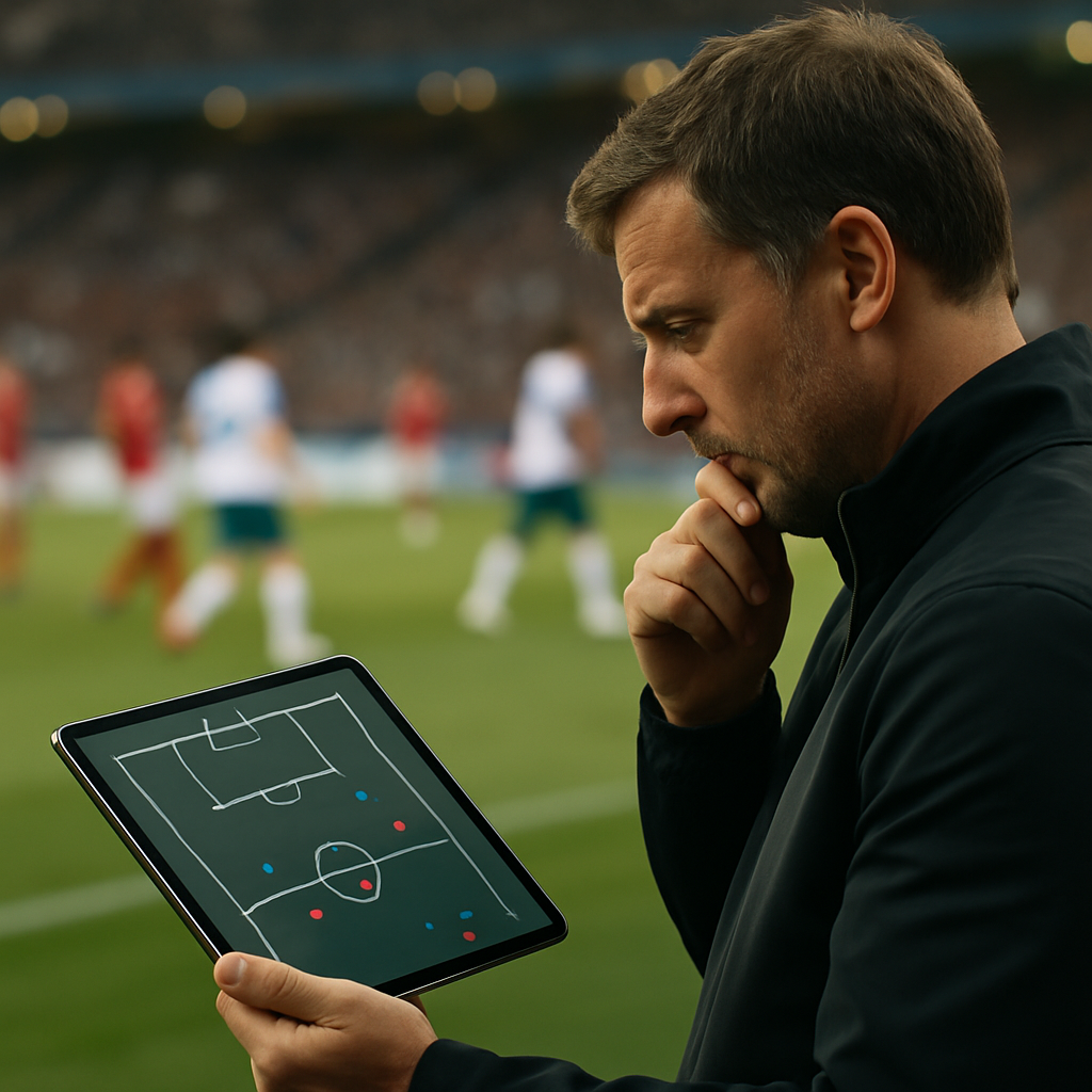 A football coach on the touchline reviews a shot-map on a tablet during a