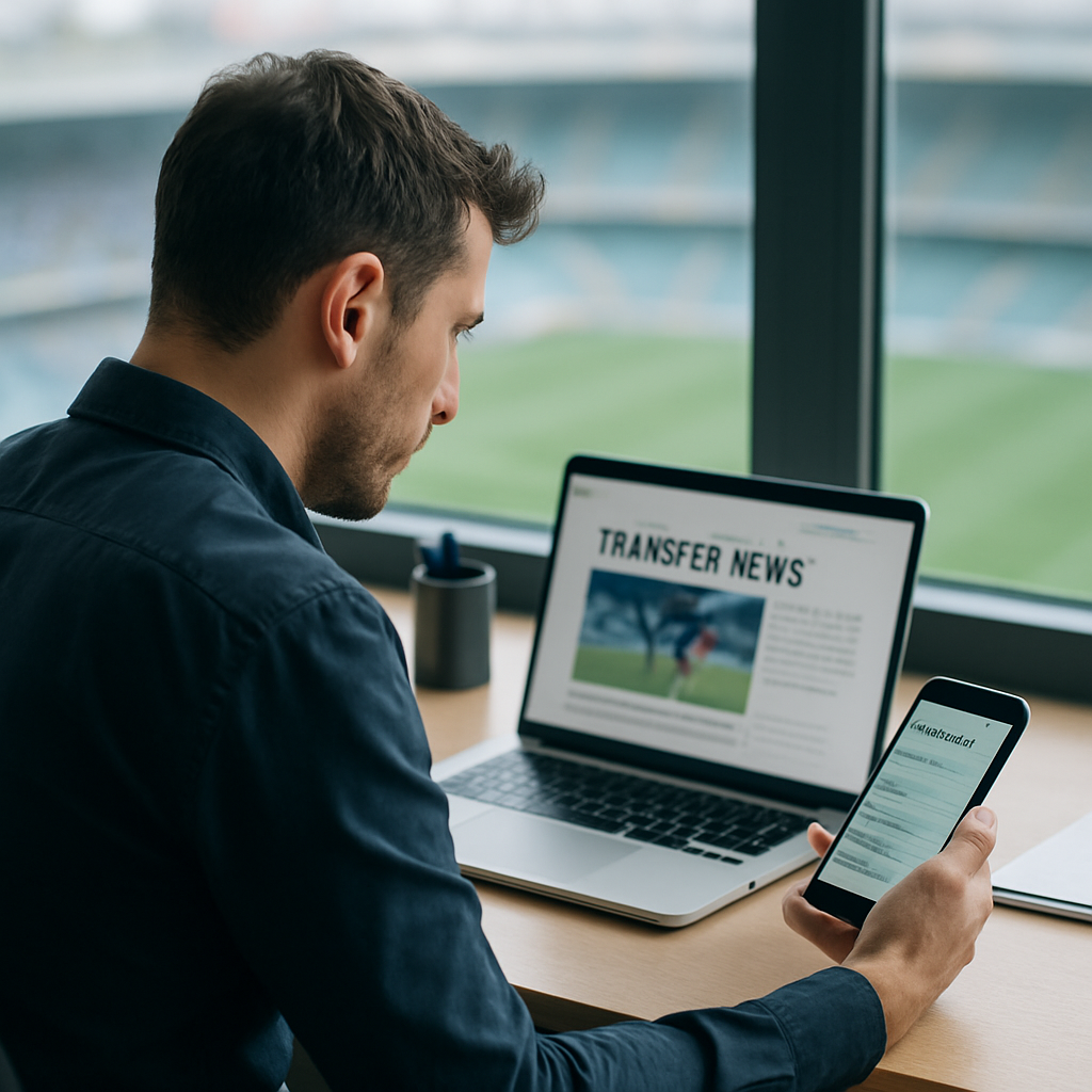 A football journalist checks a transfer report against an unverified social-media post.