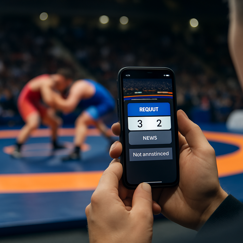 A spectator checks a live wrestling feed with separate sections for results, news, and