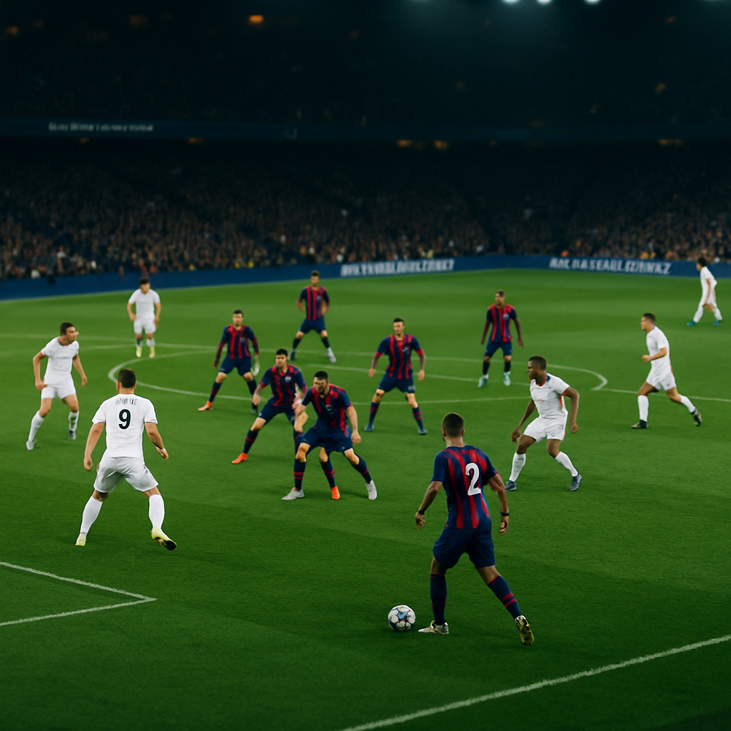 A high-angle view of a Champions League match as one team presses near midfield