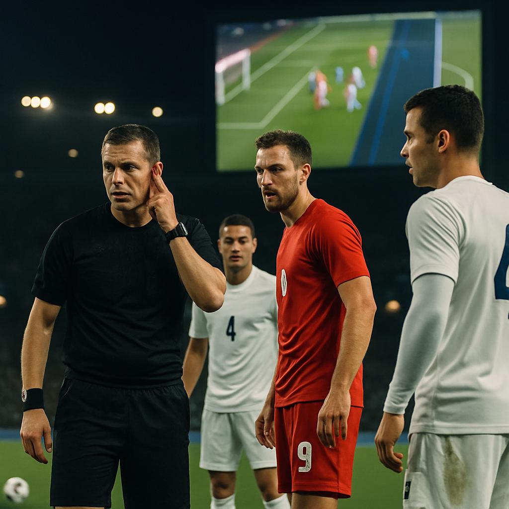 A referee consults VAR as players wait during a tense football match.