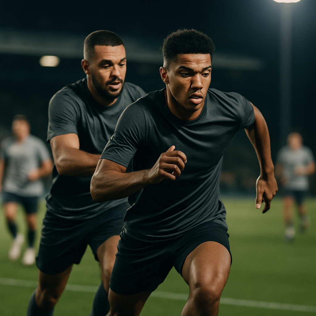 A young forward accelerates into space as a defender presses, illustrating how movement and